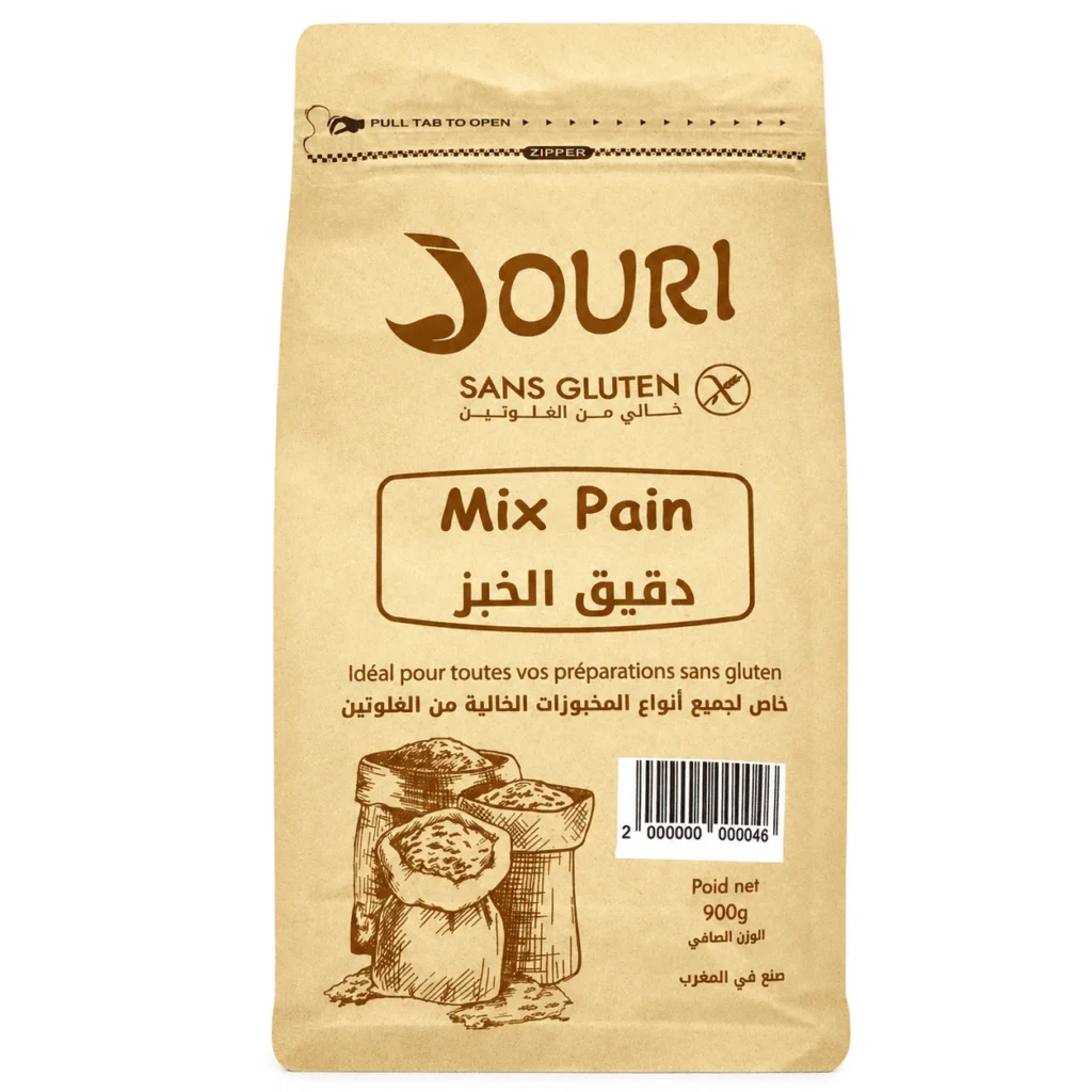 Jouri Mix Pain Sans Gluten 900g, farine pour pain et préparations boulangères sans gluten avec emballage zipper.