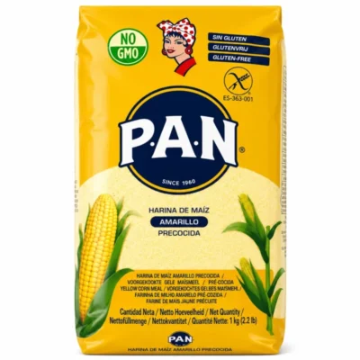 P.A.N Harina de Maíz Amarillo 1Kg, farine de maïs jaune précuite sans gluten pour arepas, empanadas et tortillas.