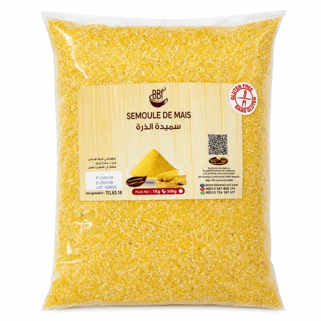 BBF Semoule de Maïs 1Kg, semoule de maïs sans gluten en sachet transparent.