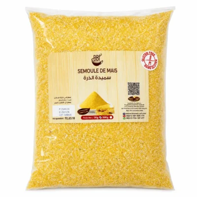 BBF Semoule de Maïs 1Kg, semoule de maïs sans gluten en sachet transparent.