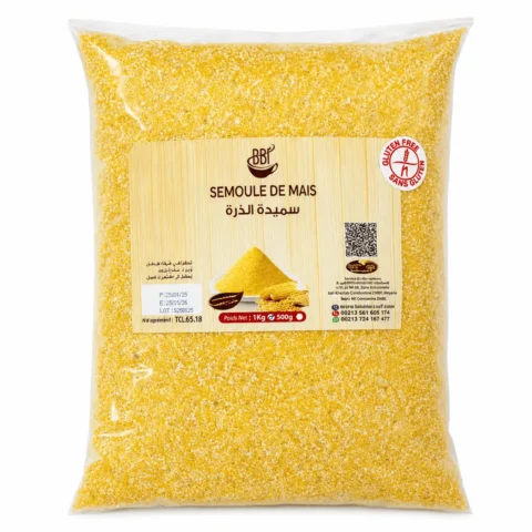 BBF Semoule de Maïs 1Kg, semoule de maïs sans gluten en sachet transparent.
