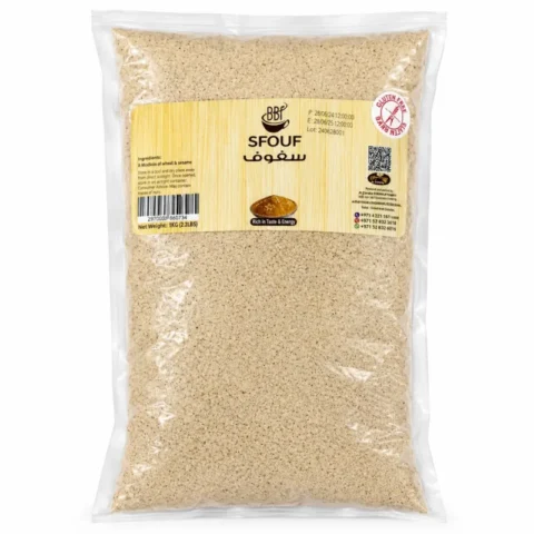 BBF Sfouf 1Kg, préparation traditionnelle indiquée sans gluten en sachet transparent.