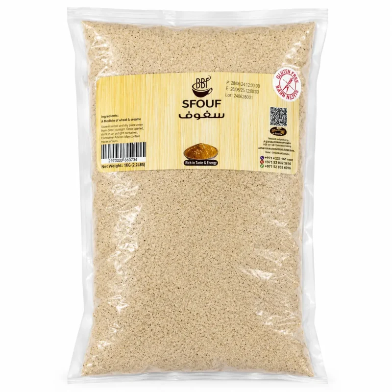 BBF Sfouf 1Kg Sans Gluten BBF Sfouf 1Kg, préparation traditionnelle indiquée sans gluten en sachet transparent.