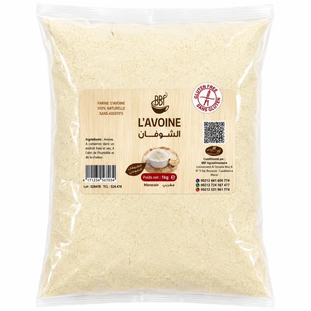 BBF Farine d’Avoine Sans Gluten 1Kg, farine d’avoine 100% naturelle sans additifs en sachet transparent.