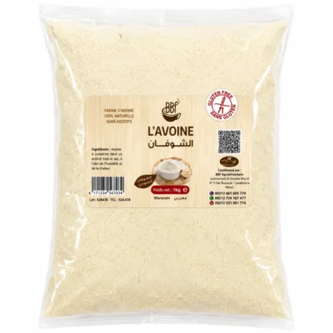 BBF Farine d’Avoine Sans Gluten 1Kg, farine d’avoine 100% naturelle sans additifs en sachet transparent.