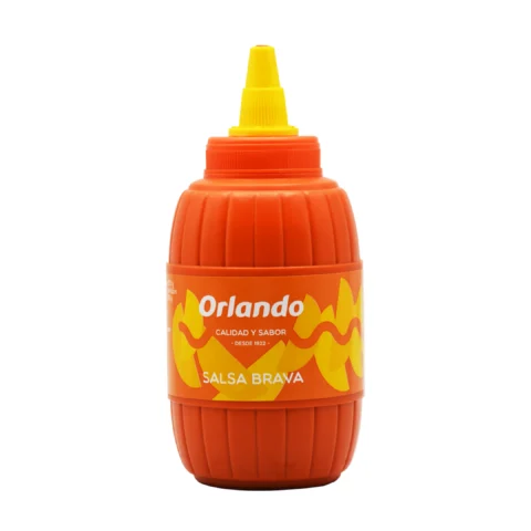 Orlando Salsa Brava, flacon rouge de sauce piquante avec bouchon doseur jaune.