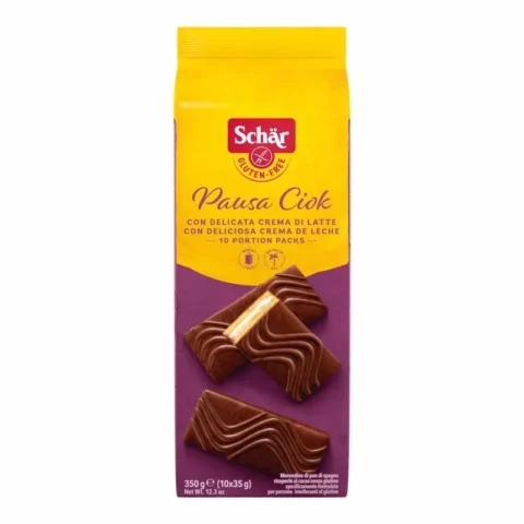 Schär Pausa Ciok 350g, gâteaux sans gluten fourrés à la crème de lait et enrobés de chocolat.