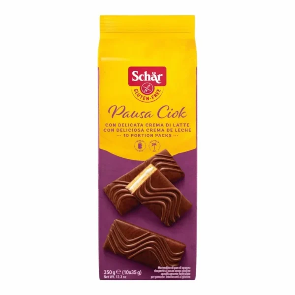 Schär Pausa Ciok 350g, gâteaux sans gluten fourrés à la crème de lait et enrobés de chocolat.