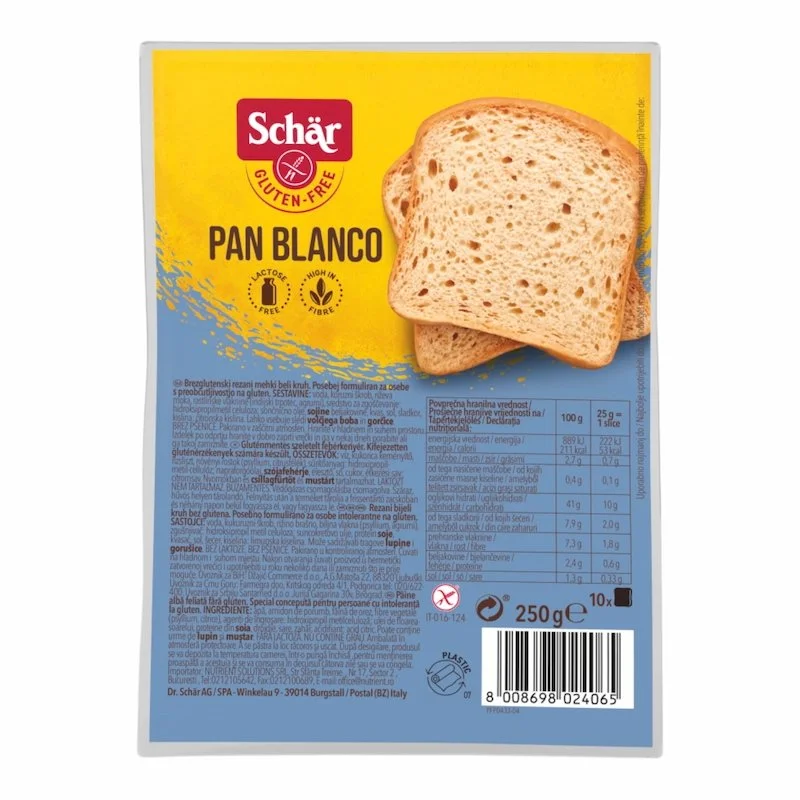 1000666893.jpg Schär Pan Blanco 250g, pain blanc sans gluten, sans lactose et riche en fibres, idéal pour sandwichs et tartines.