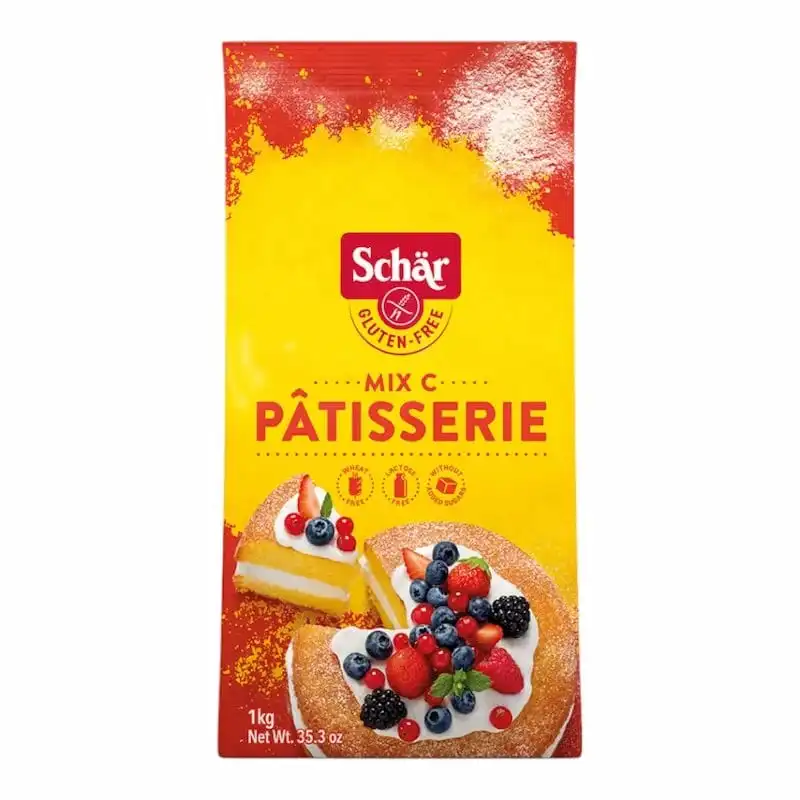 1000710364.jpg Schär Mix C Pâtisserie 1Kg est une farine sans gluten idéale pour préparer gâteaux, biscuits, tartes, crêpes et desserts maison avec une texture légère et savoureuse.