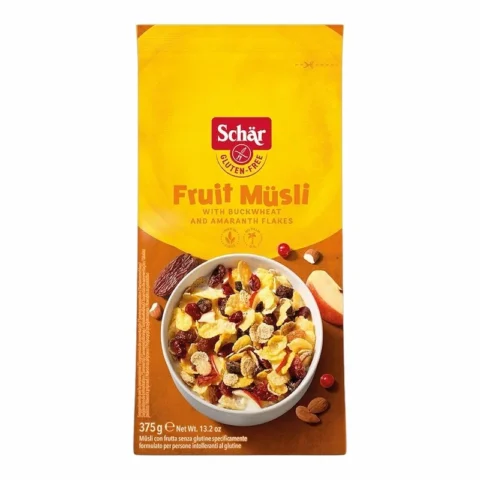 Schär Fruit Müsli 375g, muesli sans gluten aux fruits avec flocons de sarrasin et d’amarante.