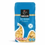 Gallo Plumas Sans Gluten 450g, pâtes penne sans gluten en sachet bleu.