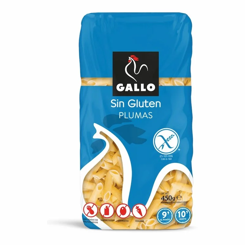 Gallo Plumas Sans Gluten 450g Gallo Plumas Sans Gluten 450g, pâtes penne sans gluten en sachet bleu.
