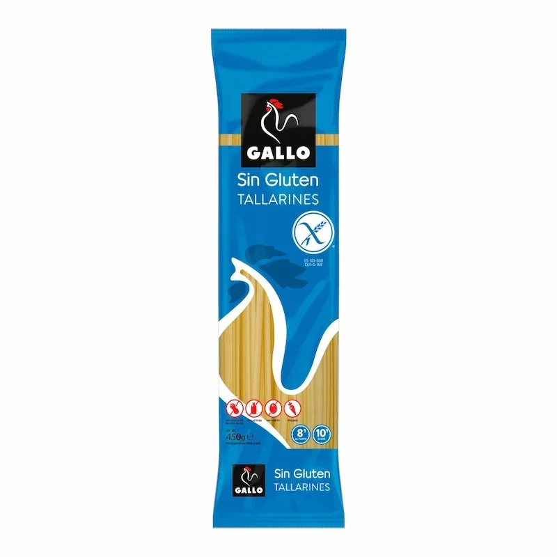 Gallo Tallarines Sans Gluten 450g Gallo Tallarines Sans Gluten 450g, pâtes longues type tagliatelles sans gluten en sachet bleu.