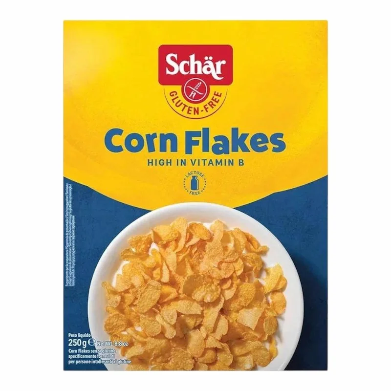 1001074896.jpg Schär Corn Flakes 250g, céréales sans gluten croustillantes riches en vitamine B et sans lactose.