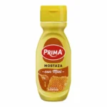 Bouteille de moutarde au miel Prima sans gluten 290g sur fond blanc