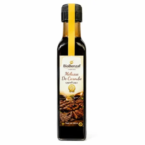 Bouteille Biobenzaf mélasse de caroube sans gluten 250ml sur fond blanc