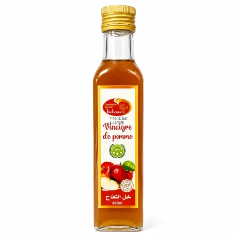 Bouteille Biobenzaf vinaigre de pomme sans gluten 250ml sur fond blanc