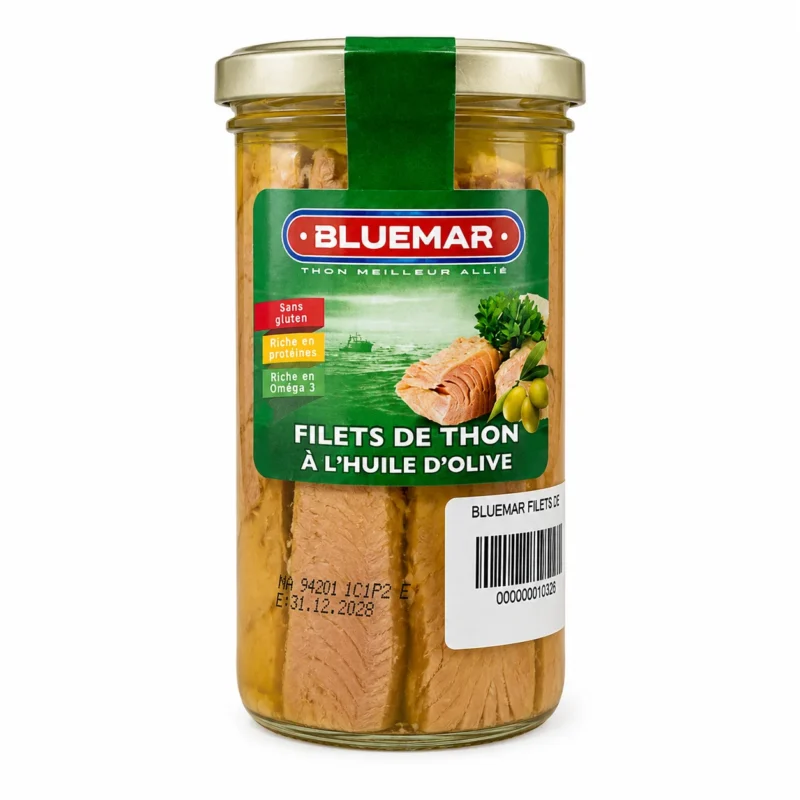Bluemar filets de thon a l’huile d’olive 250g Bocal de filets de thon Bluemar à l’huile d’olive sans gluten 250g sur fond blanc