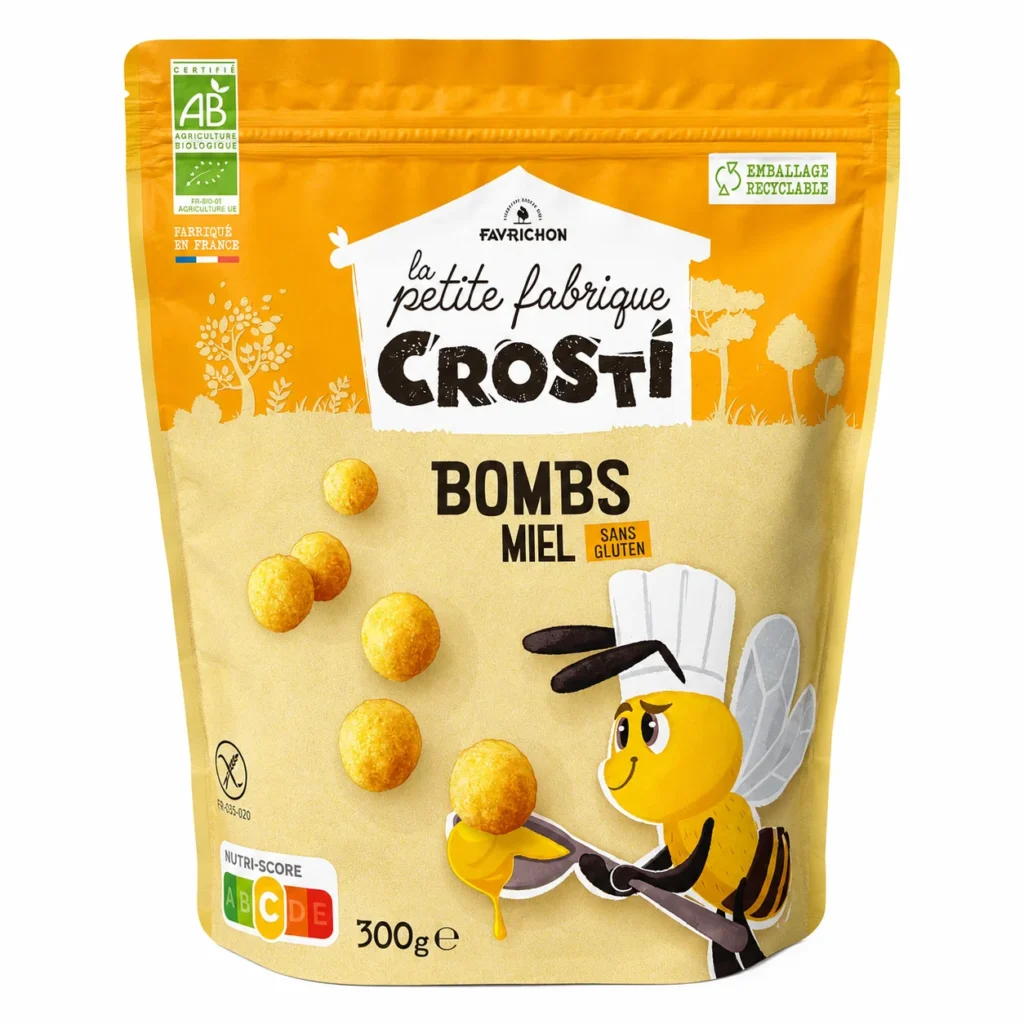 Crostí Bombs miel bio sans gluten 300g emballage jaune et beige