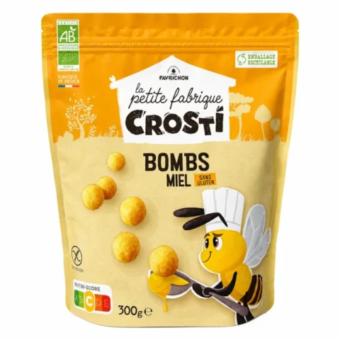 Crostí Bombs miel bio sans gluten 300g emballage jaune et beige