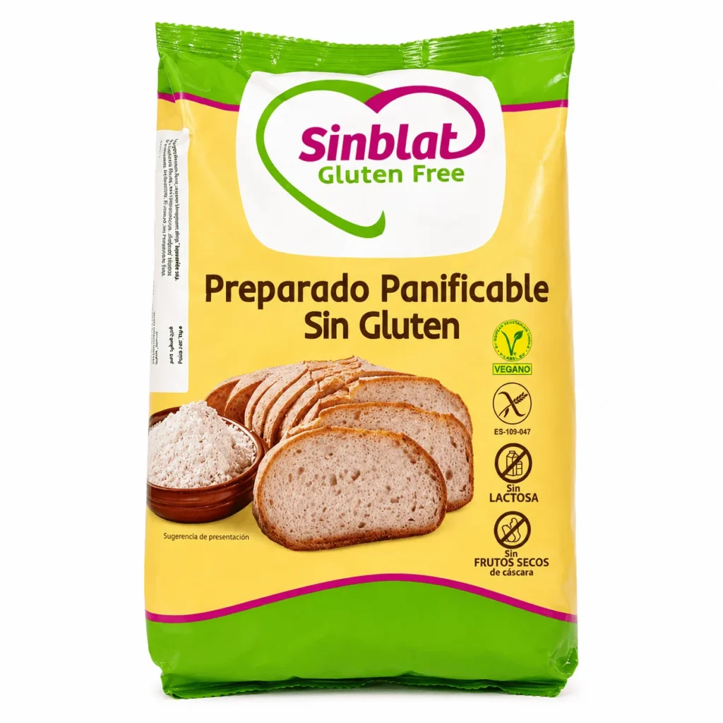 Sinblat Preparado Panificable sans gluten, préparation pour pain maison, sans lactose, sans fruits secs à coque et vegan.