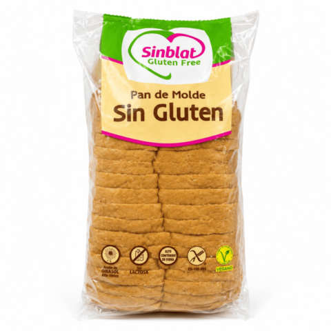 Sinblat Pan de Molde sans gluten, pain de mie tranché moelleux, sans lactose, riche en fibres et vegan.