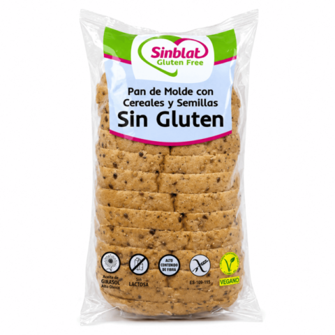 Sinblat Pan de Molde aux céréales et graines sans gluten, pain de mie tranché riche en fibres, sans lactose et vegan.