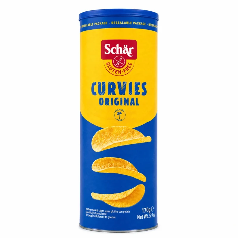 ChatGPT Image May 13, 2026 at 03_13_44 PM Schär Curvies Original 170g, snack croustillant salé sans gluten dans un emballage refermable.