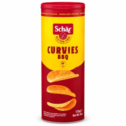 Schär Curvies BBQ 170g, snack croustillant sans gluten goût barbecue dans un emballage refermable.