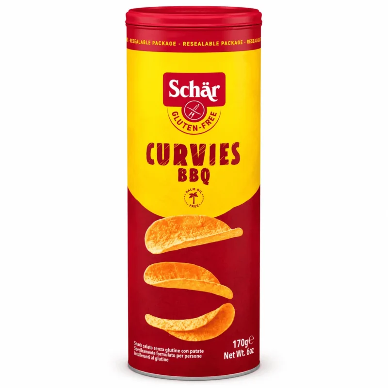 ChatGPT Image May 13, 2026 at 03_17_35 PM Schär Curvies BBQ 170g, snack croustillant sans gluten goût barbecue dans un emballage refermable.