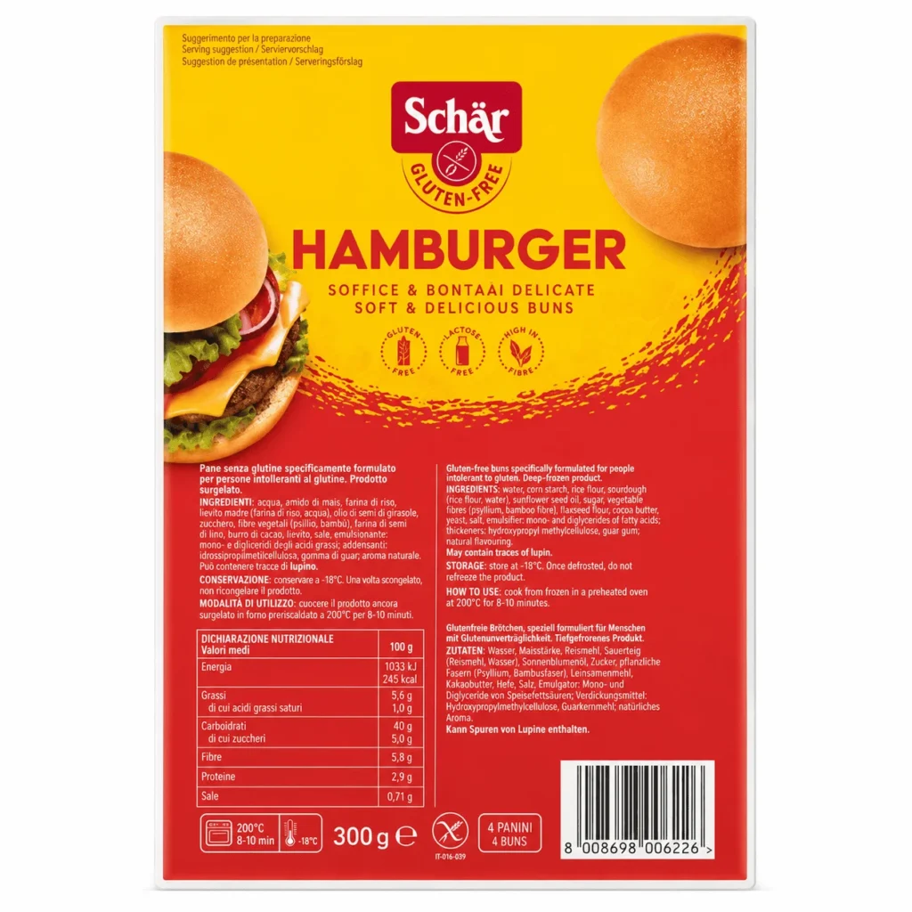 Schär Hamburger 300g, 4 pains burger sans gluten, moelleux, sans lactose et riches en fibres.