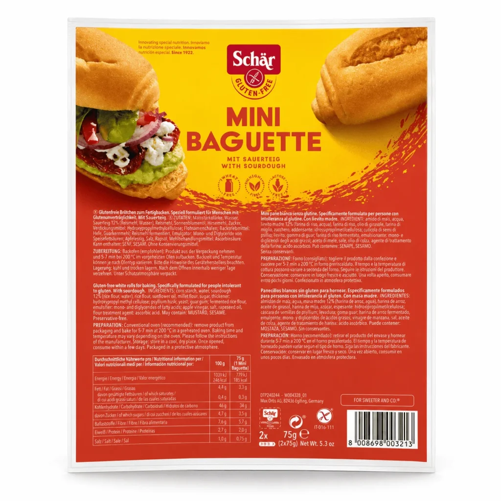 Schär Mini Baguette 150g, 2 mini baguettes sans gluten au levain, pratiques pour sandwichs et repas rapides.