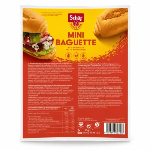 Schär Mini Baguette 150g, 2 mini baguettes sans gluten au levain, pratiques pour sandwichs et repas rapides.