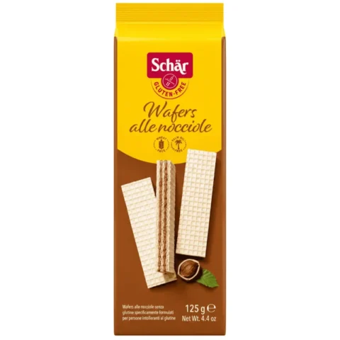 Schär Wafers alle Nocciole 125g, gaufrettes sans gluten fourrées à la crème de noisette, sans blé et sans huile de palme.