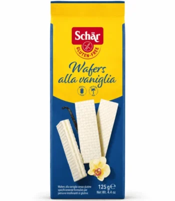 Schär Wafers alla Vaniglia 125g, gaufrettes sans gluten à la crème vanille, sans blé et sans huile de palme.