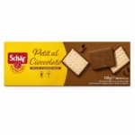 Schär Petit al Cioccolato 130g, biscuits sans gluten recouverts de chocolat au lait, sans blé et sans huile de palme.
