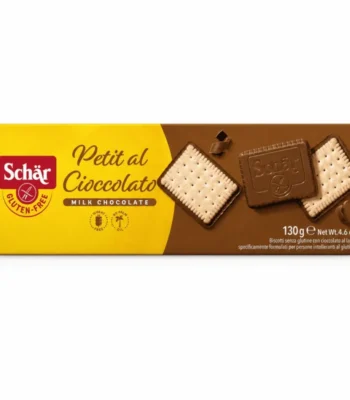 Schär Petit al Cioccolato 130g, biscuits sans gluten recouverts de chocolat au lait, sans blé et sans huile de palme.