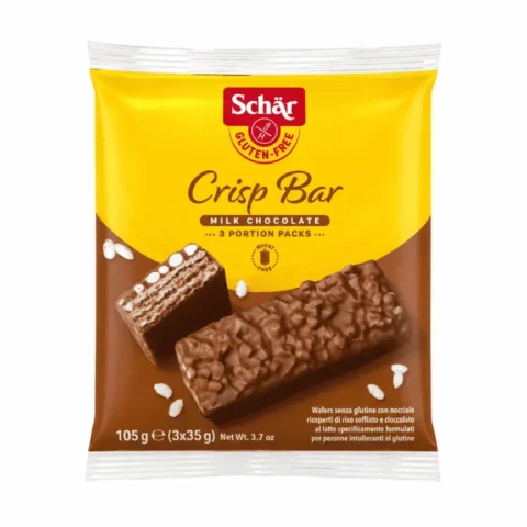 Schär Crisp Bar Milk Chocolate 105g, barres croustillantes sans gluten au chocolat au lait en 3 portions individuelles.