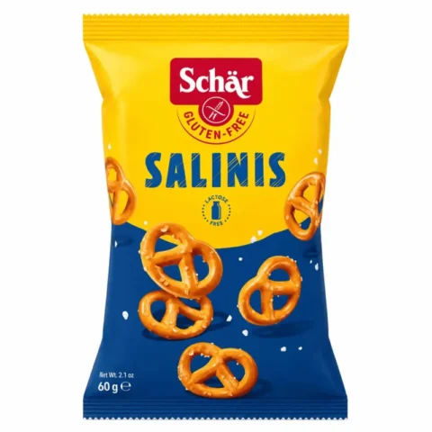 Schär Salinis 60g, bretzels salés sans gluten et sans lactose pour apéritif et snack croustillant.