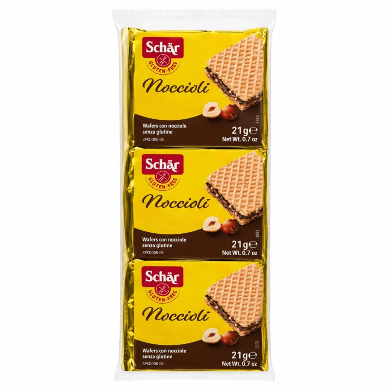 ChatGPT Image May 13, 2026 at 07_39_22 PM Schär Noccioli 63g, gaufrettes sans gluten fourrées à la noisette en 3 portions individuelles de 21g.