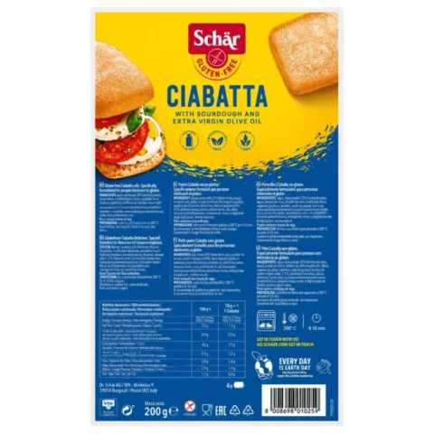 Schär Ciabatta 200g, 4 petits pains ciabatta sans gluten au levain et à l’huile d’olive extra vierge.