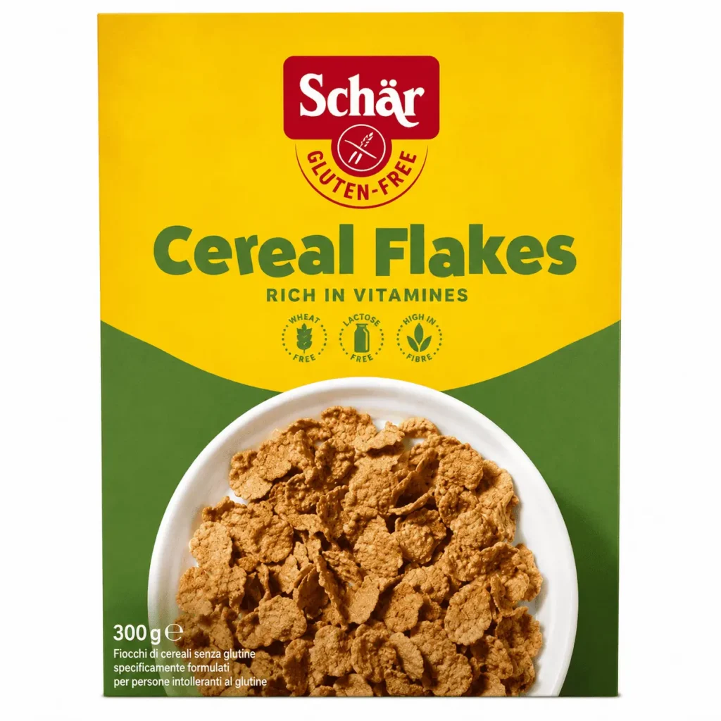 Schär Cereal Flakes 300g, céréales sans gluten riches en vitamines, sans lactose et riches en fibres.