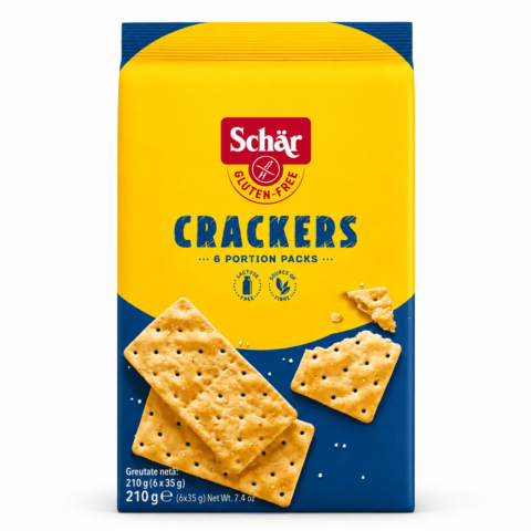 Schär Crackers 210g, crackers sans gluten croustillants en 6 sachets individuels, source de fibres et sans lactose.