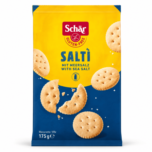 Schär Saltí 175g, biscuits salés sans gluten au sel marin, croustillants et sans lactose.