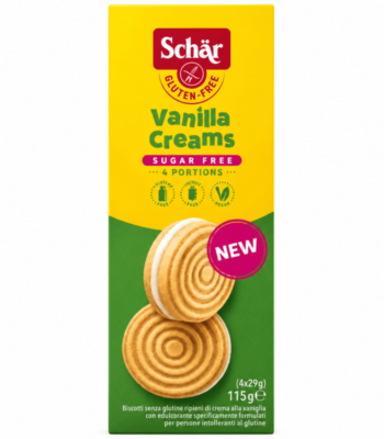Schär Vanilla Creams 115g, biscuits sans gluten fourrés à la crème vanille, sans sucre, sans lactose et vegan.