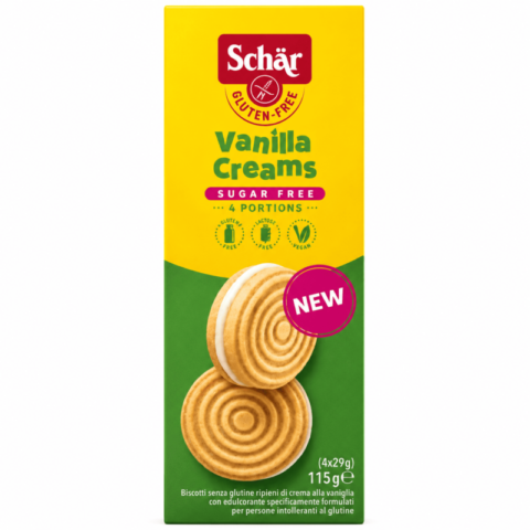 Schär Vanilla Creams 115g, biscuits sans gluten fourrés à la crème vanille, sans sucre, sans lactose et vegan.