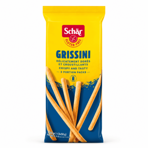 Schär Grissini 150g, gressins sans gluten dorés et croustillants en 3 portions individuelles.