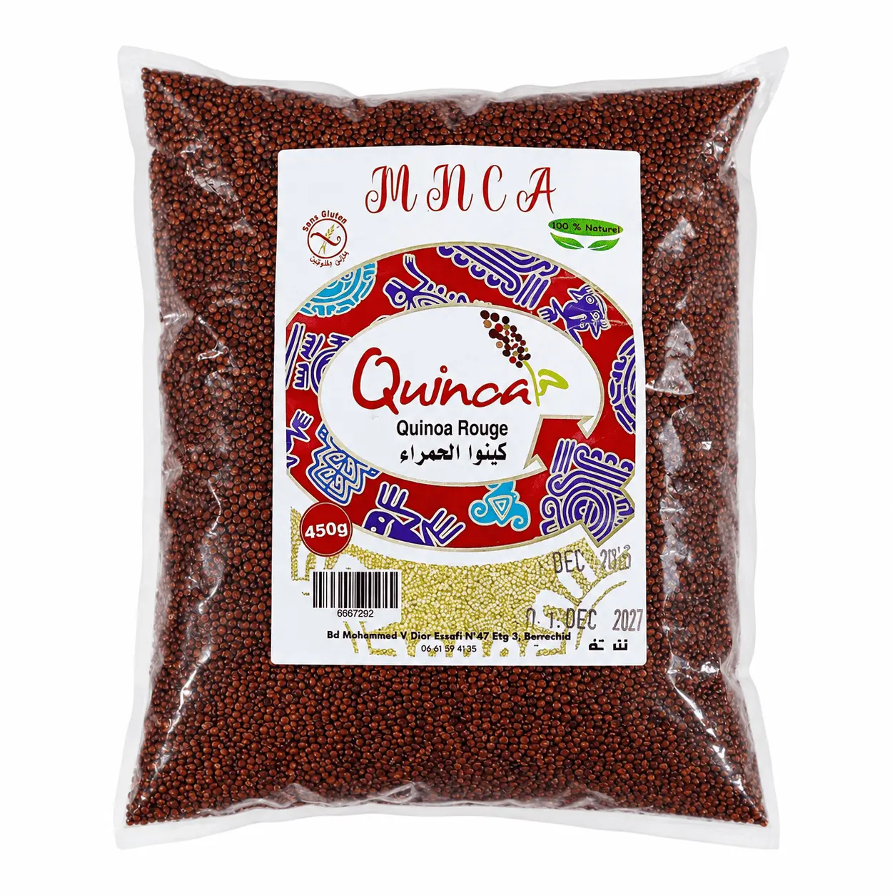 MNCA Quinoa Rouge 450g Sans Gluten MNCA Quinoa Rouge 450g, quinoa rouge sans gluten 100% naturel en sachet.