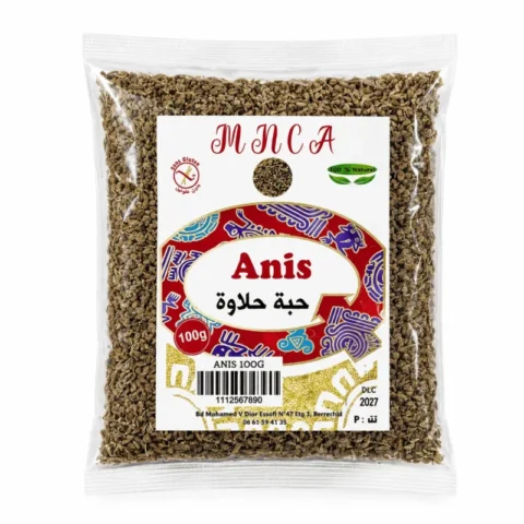 MNCA Anis 100g, graines d’anis sans gluten 100% naturel en sachet transparent.